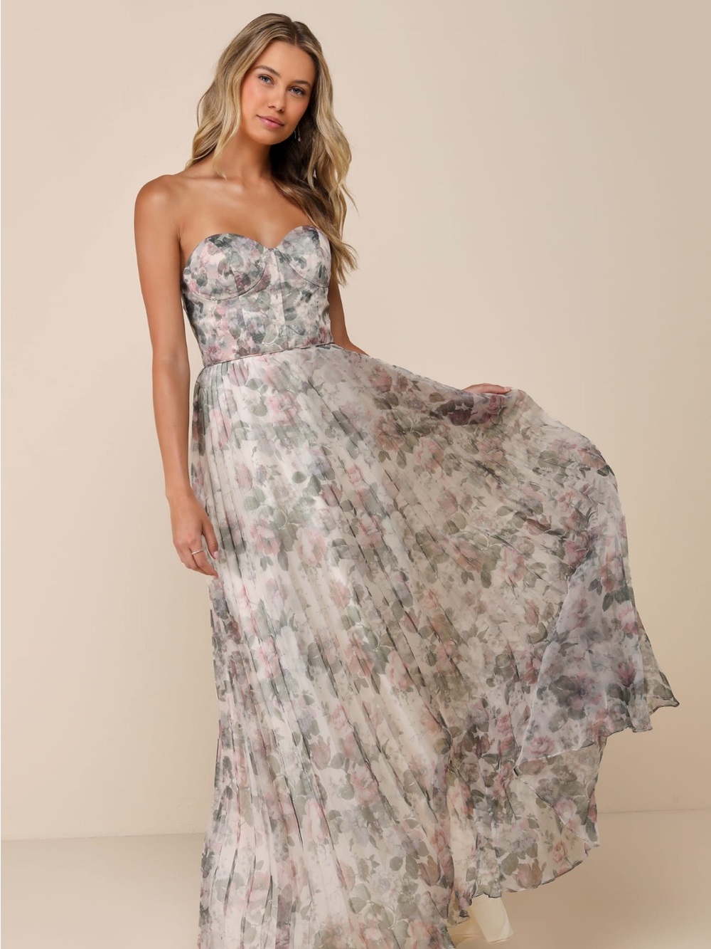 Lulu's Strapless Floral Pleated Maxi Dress in Pink and Sage